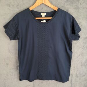 NWT J Crew Geometric Embroidered Silky Look Front Top Navy Size S Preppy Office